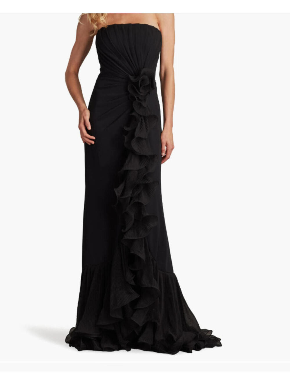 NEW, Tadashi Shoji Ruffle Detail Strapless Gown in Black Sz M #LD381